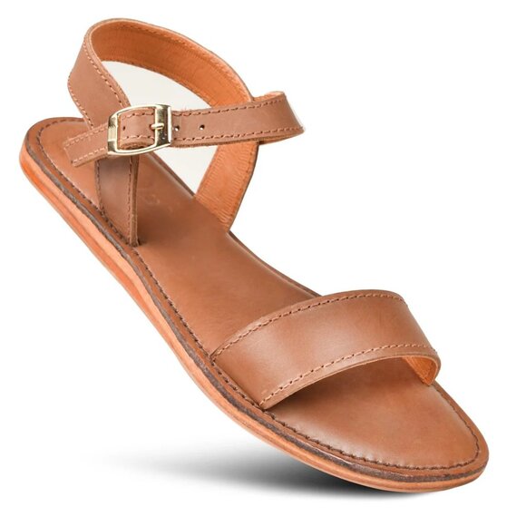 NEW PIORRI Handmade In Pakistan Leather Ankle Wrap Flat Sandals tan 825 2j7 - Picture 2 of 7